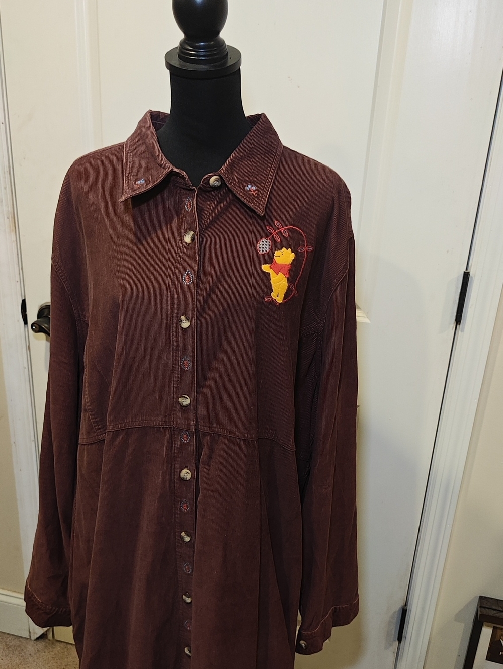Vintage Y2K Disney Brown Corduroy Winnie the Pooh Button-Up A-line Dress 4X